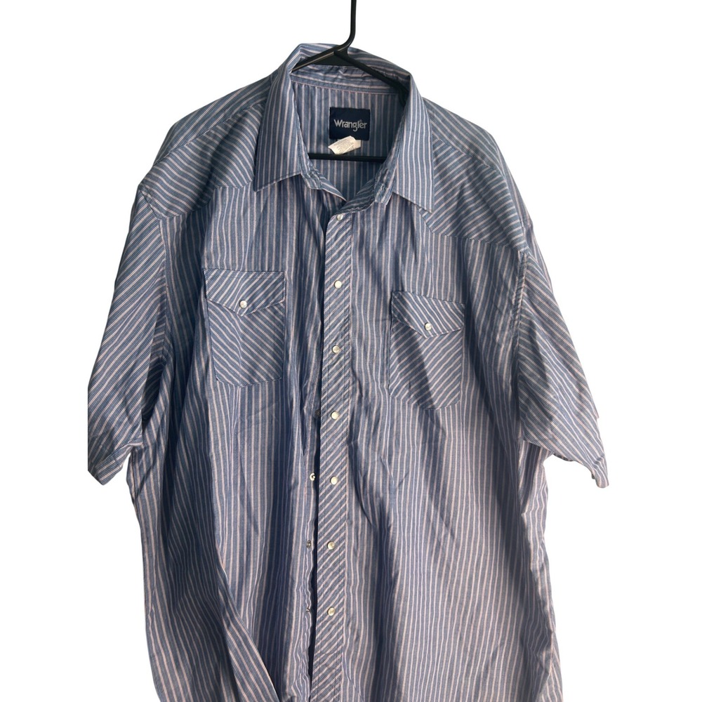 Wrangler Mens Western Shirt Blue White Red Striped PearlSnap ShortSleeve 20 Tall